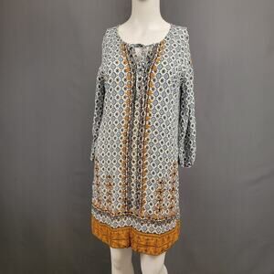 Skies Are Blue Boho Mini Dress S Embroidered Sleeve Print Border Boho-Chic